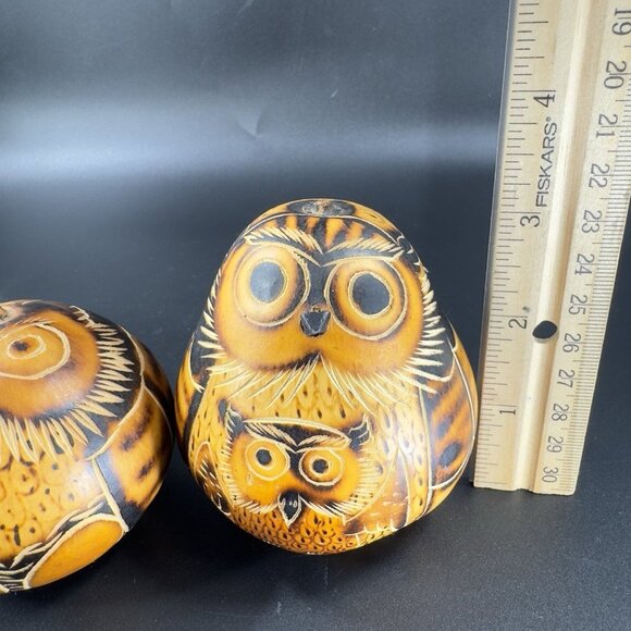 Artisan Handmade Peruvian Painted Carved Bird Owl Decorative Gourd Set 2 Figure - Picture 3 of 10